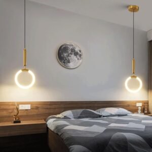 Diamond Electricals gold LED Ring Pendant Light hanging over a kitchen island.